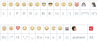 Facebook Smiley Emoticons: Featuring: Smile, Sad, Sticking out Tongue, Shocked, Surprise, Cool, Angel, Devil, Kiss, Heart, Shark, Penguin, Robot, Wink, Winking, Blissful, Laughing, crying, Putnam, 42, Curious, Grumpy, Pacman, Glasses, Curly lips, Confused